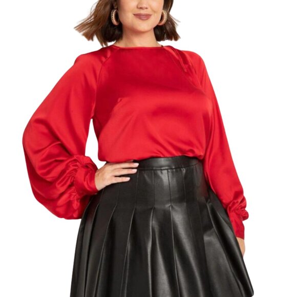 Eloquii Tops - ELOQUII Satin Blouse Size 16 Balloon Sleeve Tie Back Red Holiday Party Top Plus
